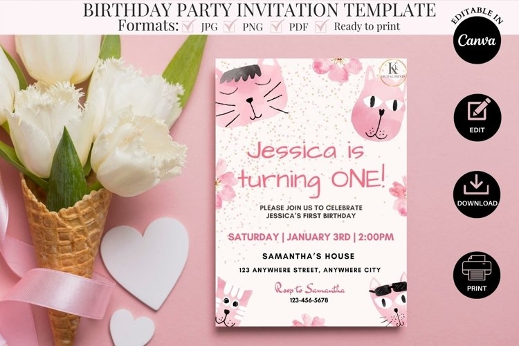 Kitten First Birthday Party Invite Template