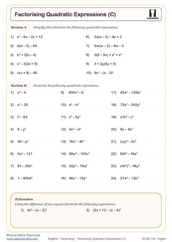 KS3 And KS4 Factorising Quadratics Worksheets Quadratic 