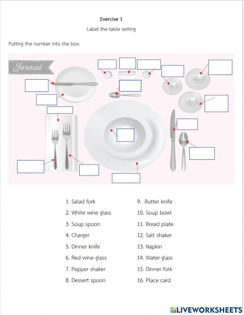 Label The Table Setting Worksheet Live Worksheets Worksheets Library