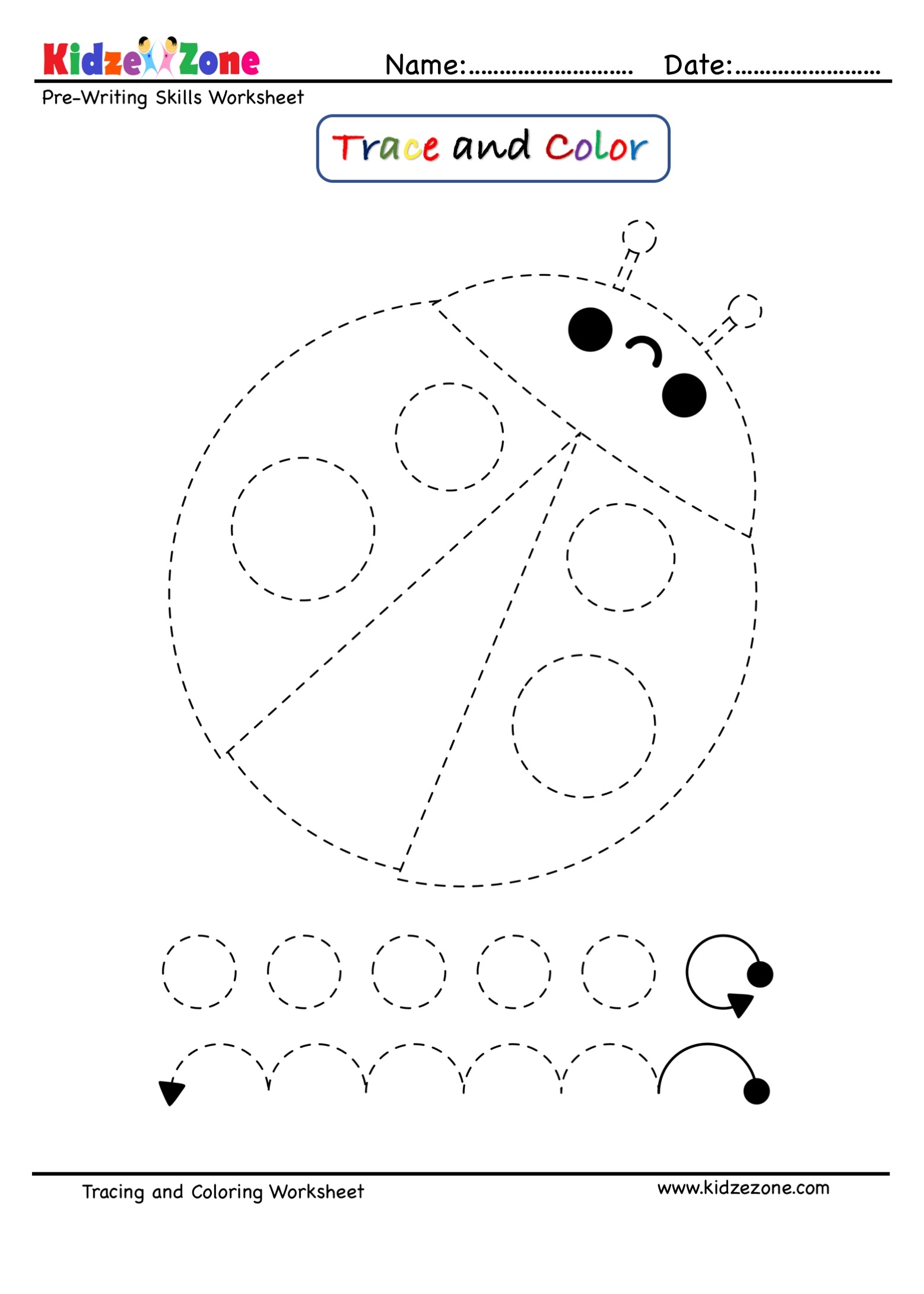 Lady Bug Cartoon Trace And Color Worksheet KidzeZone