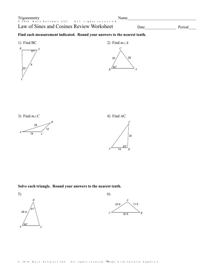 Law Of Sines And Cosines Practice Worksheet For Test Version