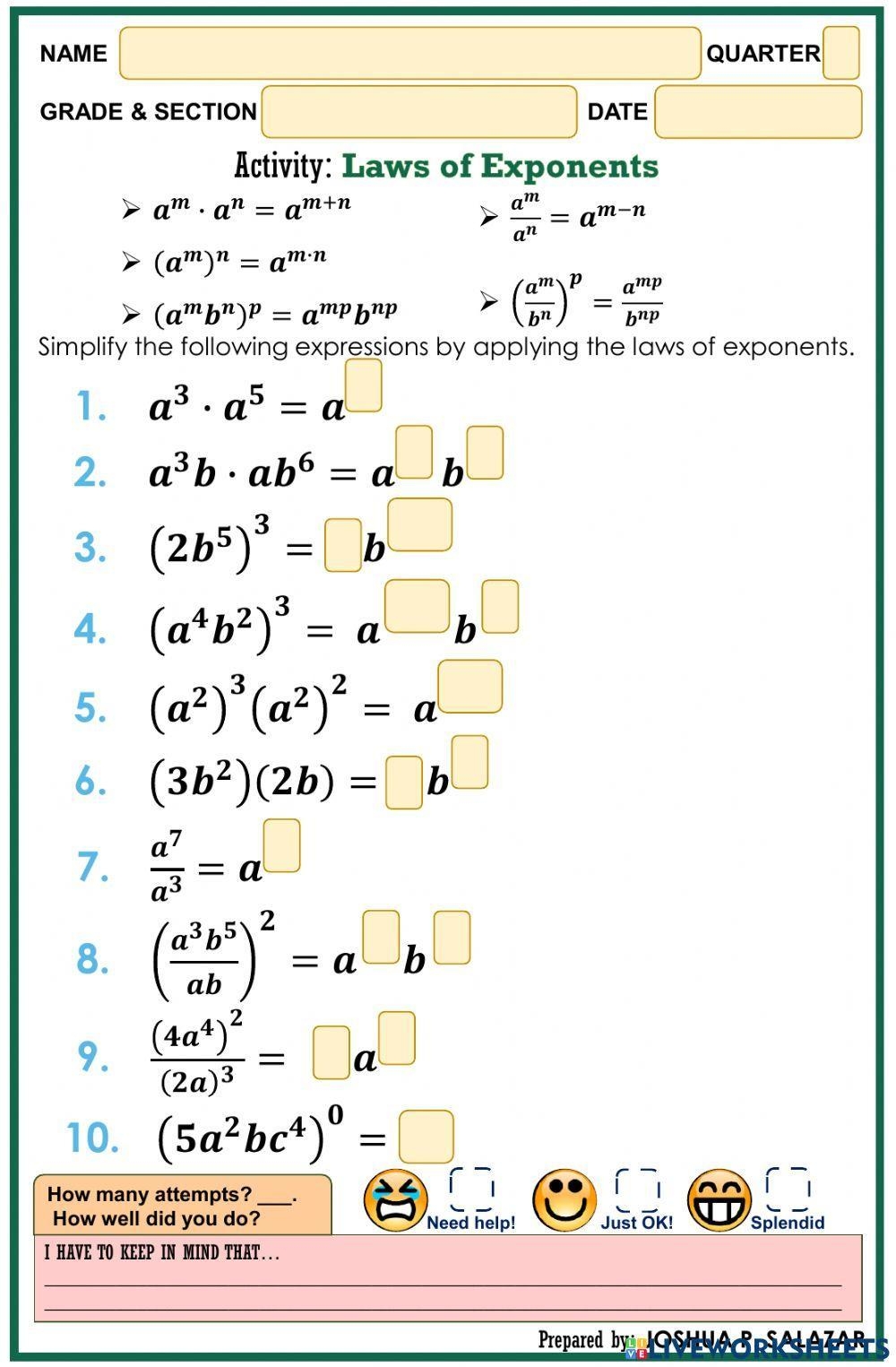 exponents worksheets pdf with answers