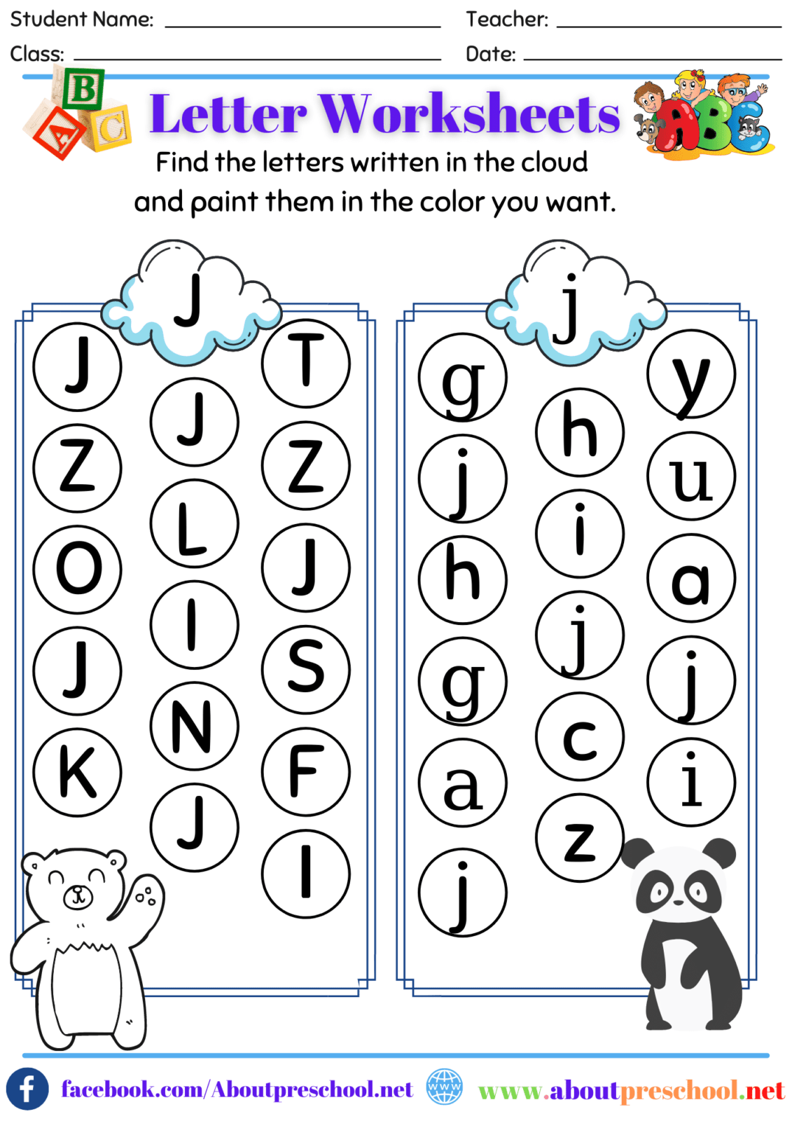 j worksheets for preschool