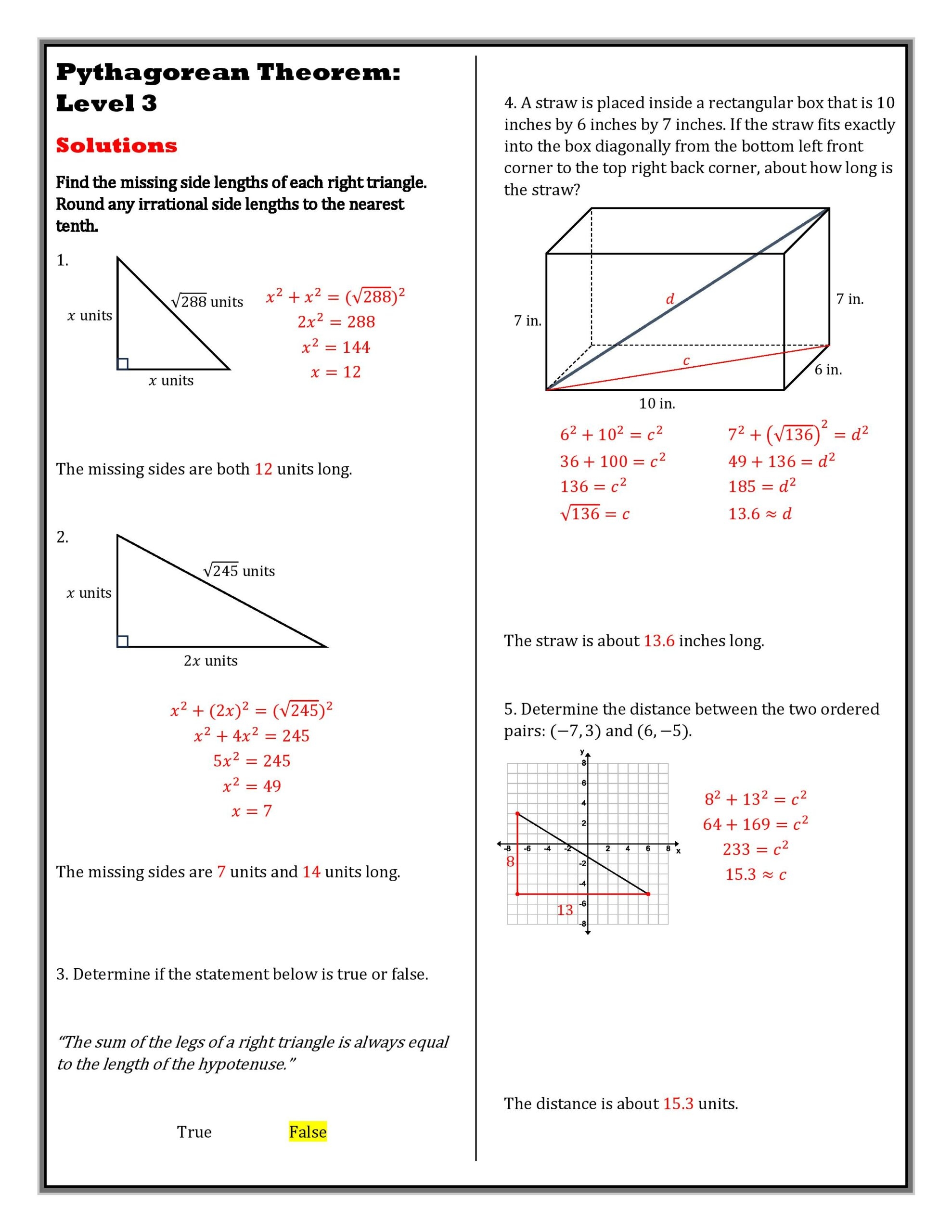 pythagorean theorem worksheet answer key