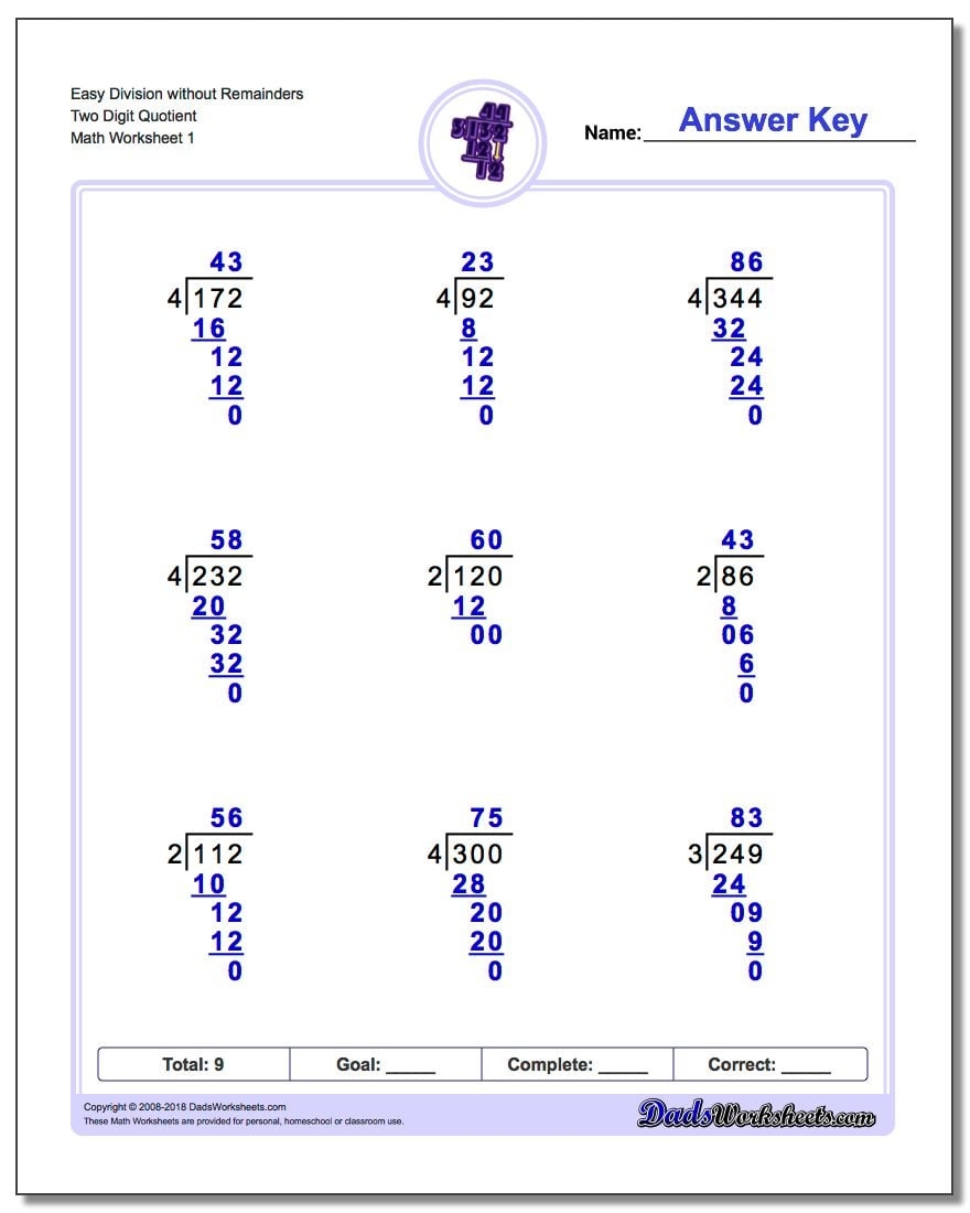 Long Division Easy Worksheets Long Division Worksheets