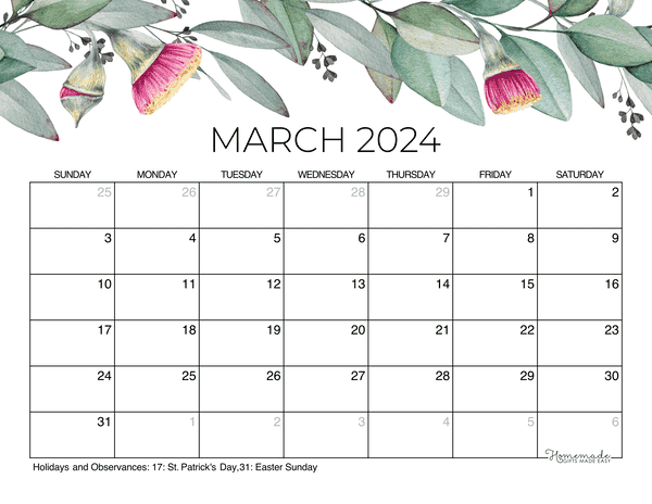 March 2024 Calendar Printable Homemade Gifts Made Easy Blank December 