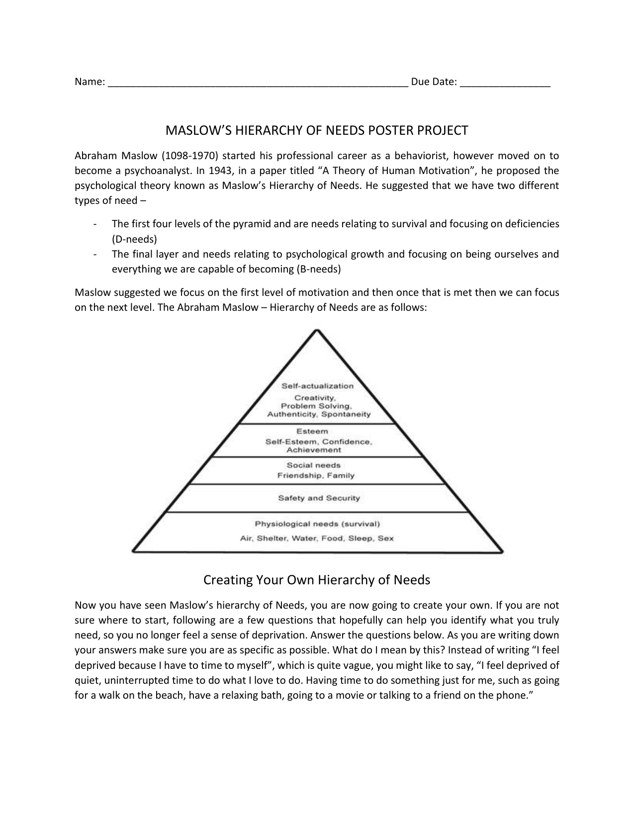 Maslow Hierarchy Of Needs Worksheet