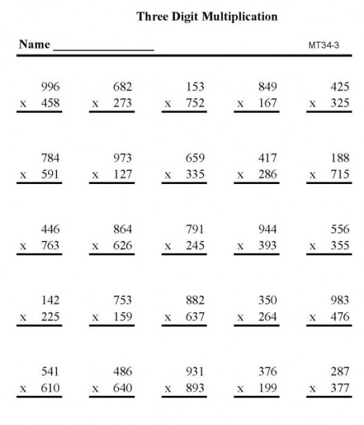 Math Worksheets Multiplication 3 Digits