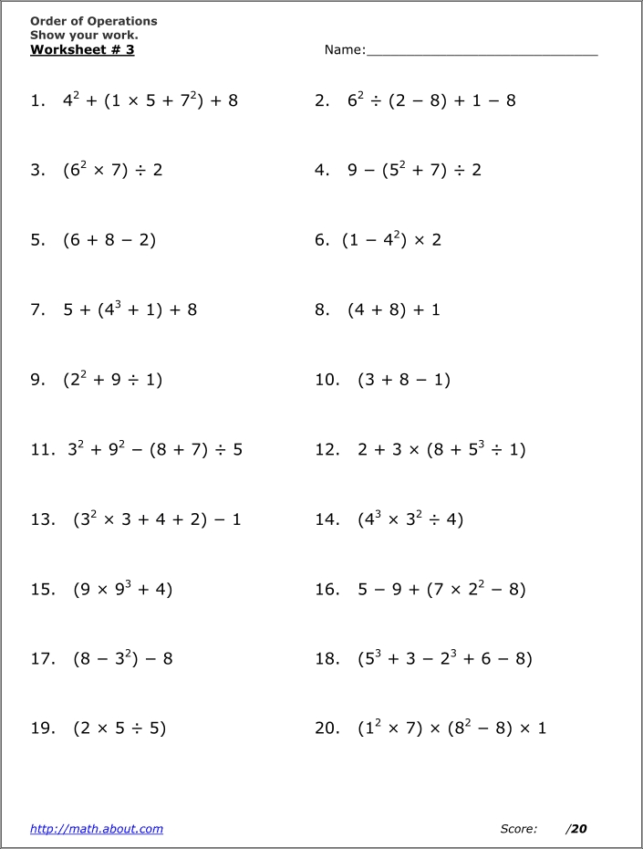 pemdas worksheet pdf
