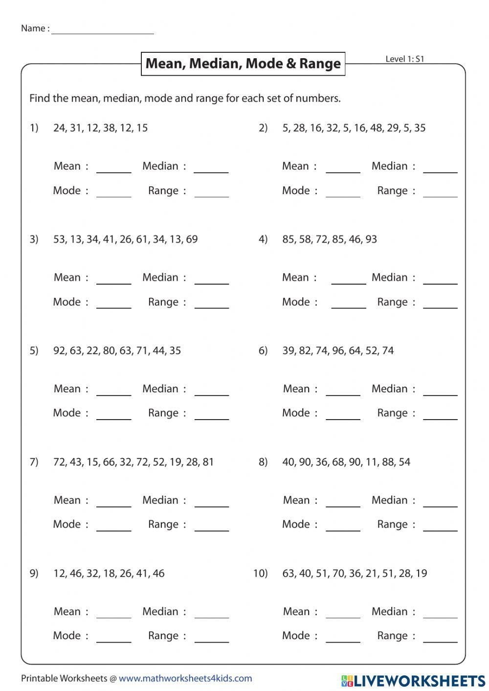 mean worksheets