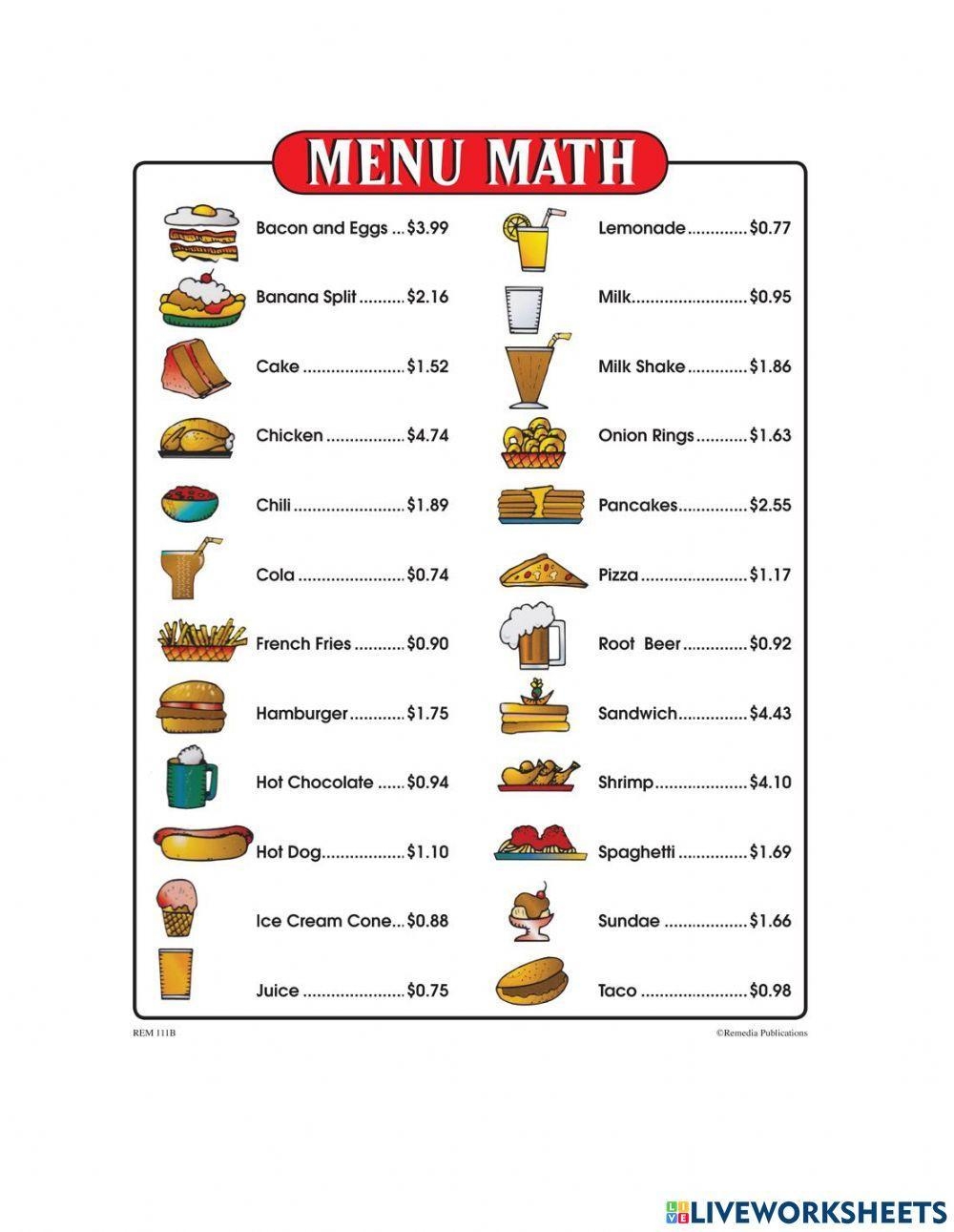 menu math worksheets