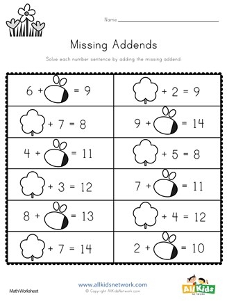 Missing Addends Addition Math Worksheet Twisty Noodle Worksheets