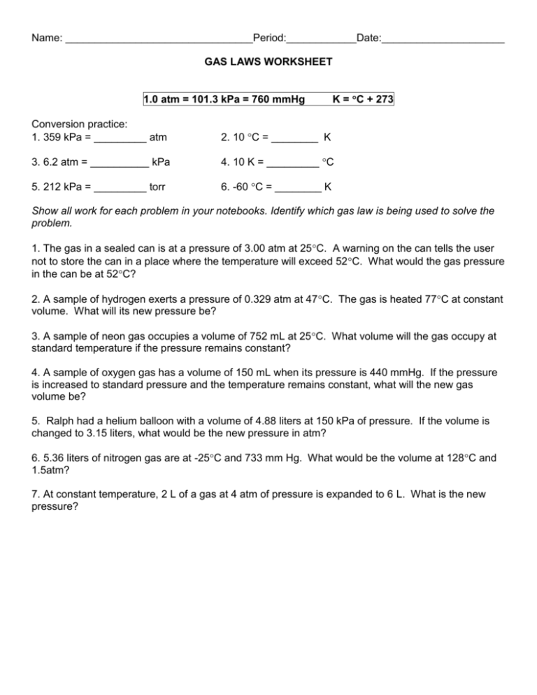 Mixed Gas Law Problems Worksheet Worksheets Library