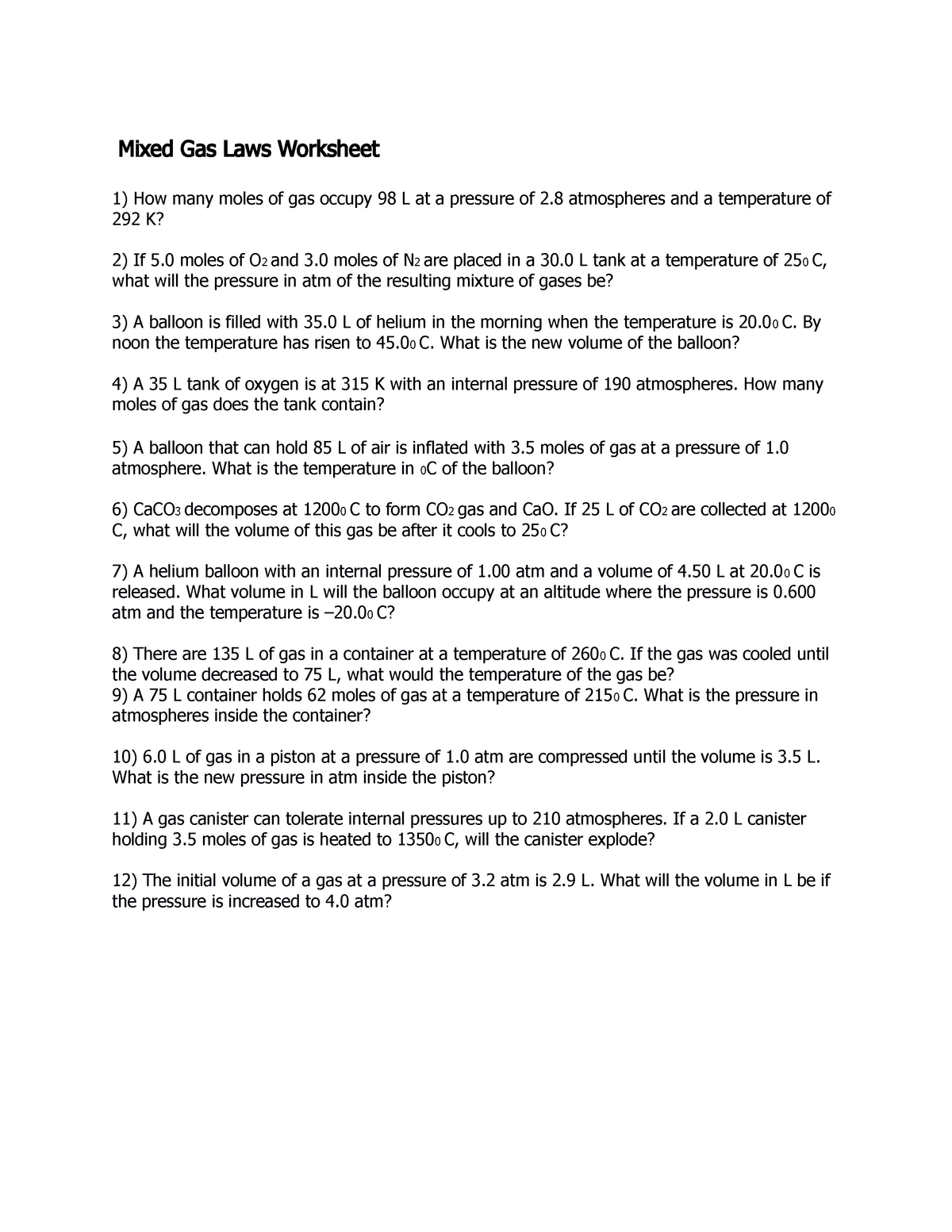 mixed gas laws worksheet