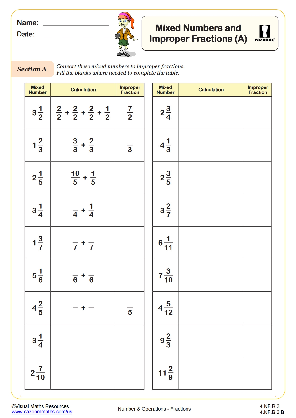converting proper fractions to improper fractions worksheet