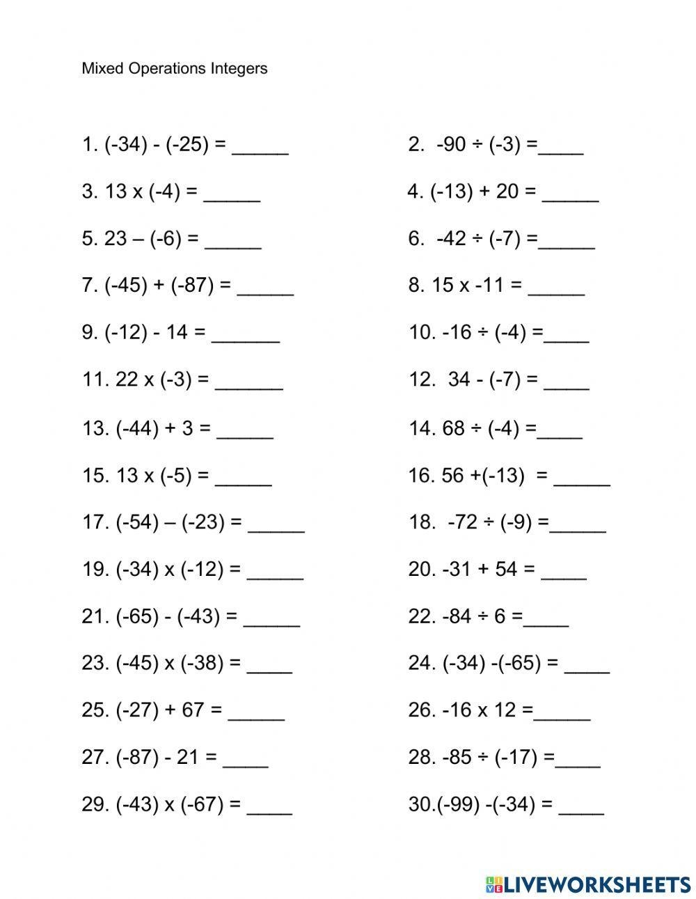 Mixed Operations Integers Worksheet Live Worksheets Worksheets Library