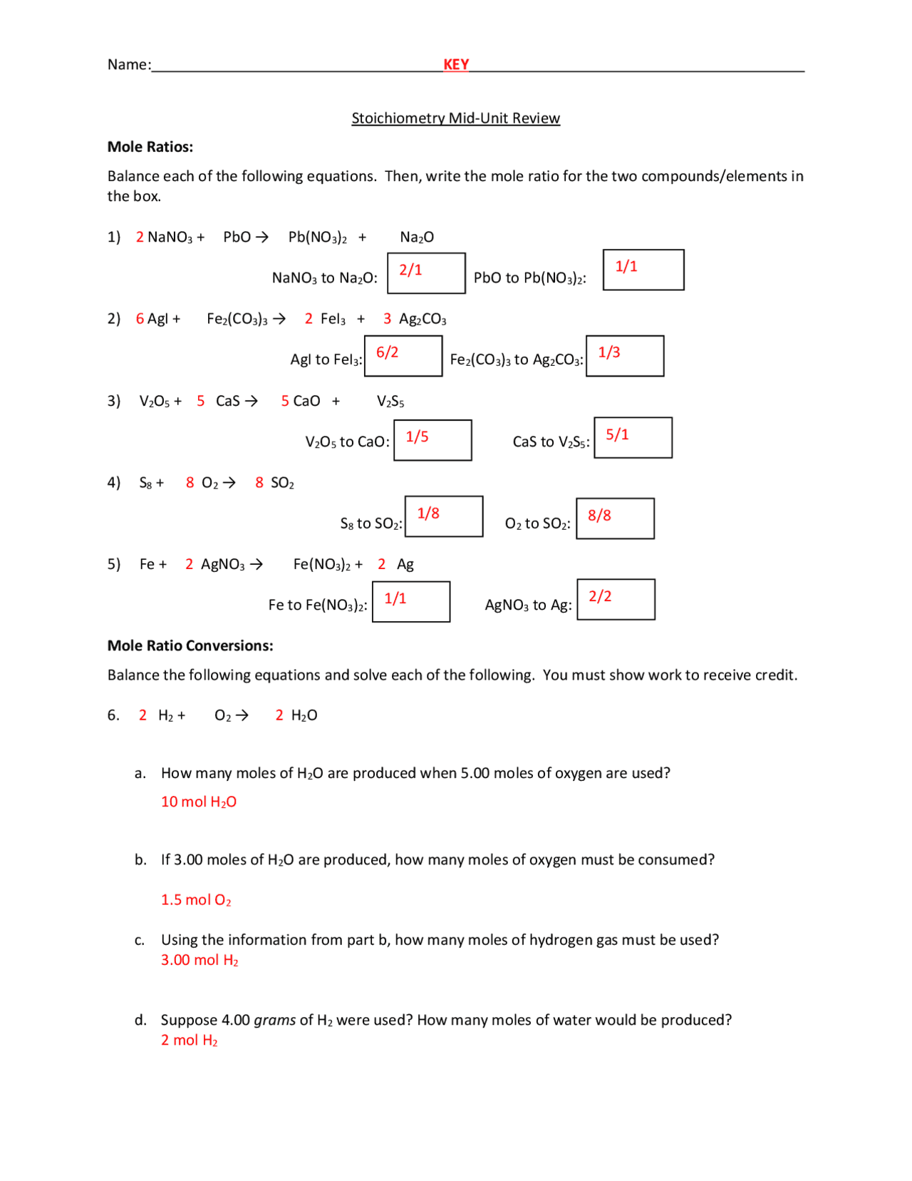 mole ratio worksheet