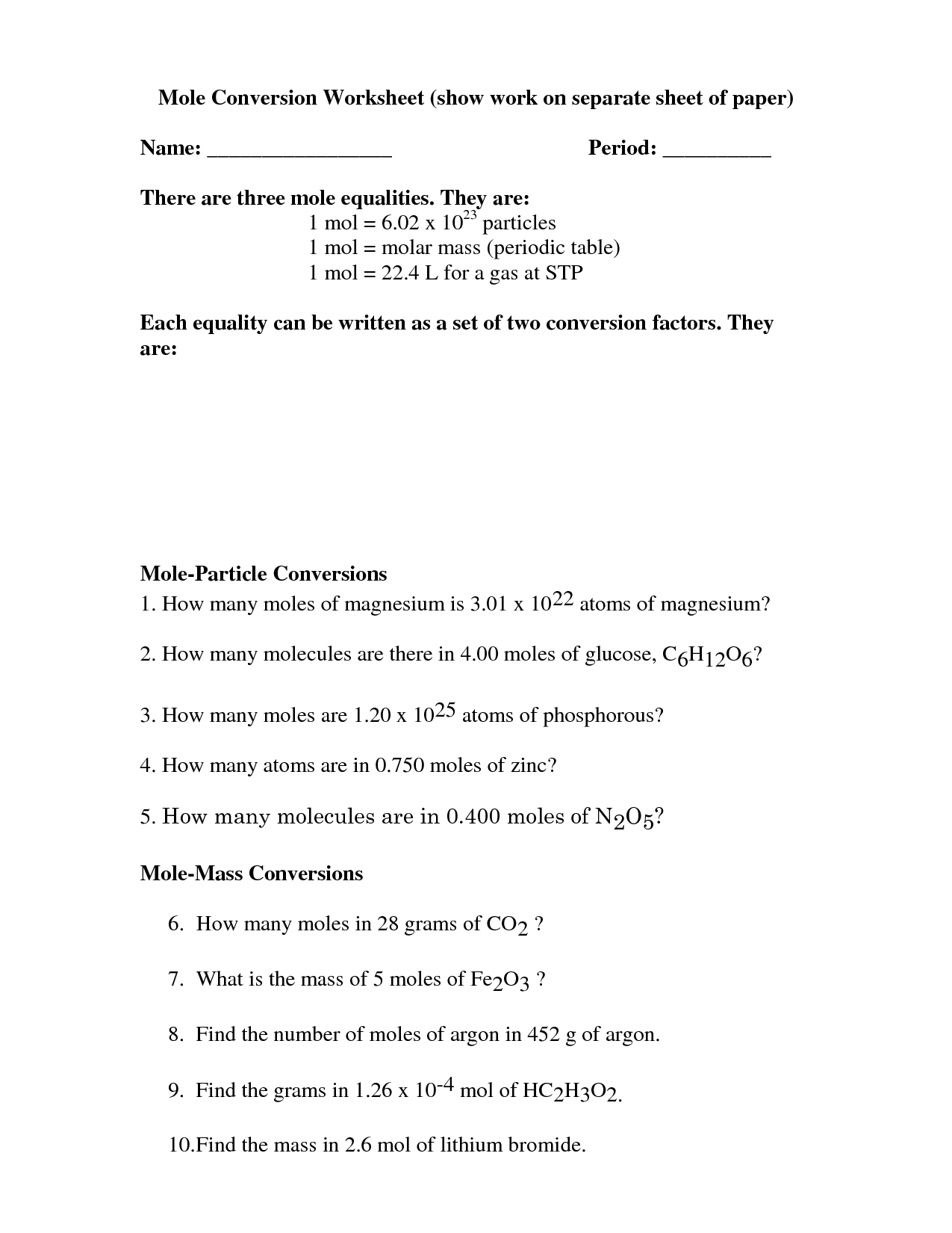 Mole Mole Conversions Worksheet Printable Calendars AT A GLANCE