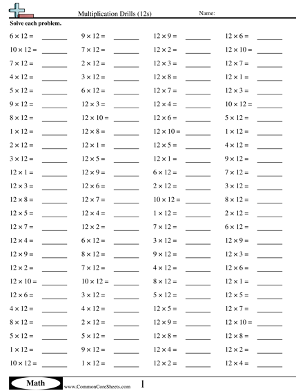 Multiplication 12 Worksheets