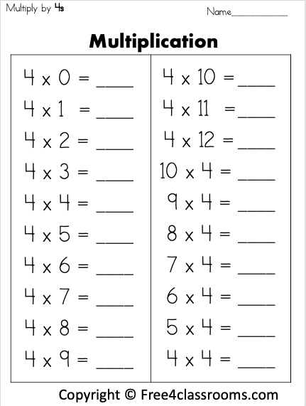Multiplication 4s Worksheet Multiplication Worksheets