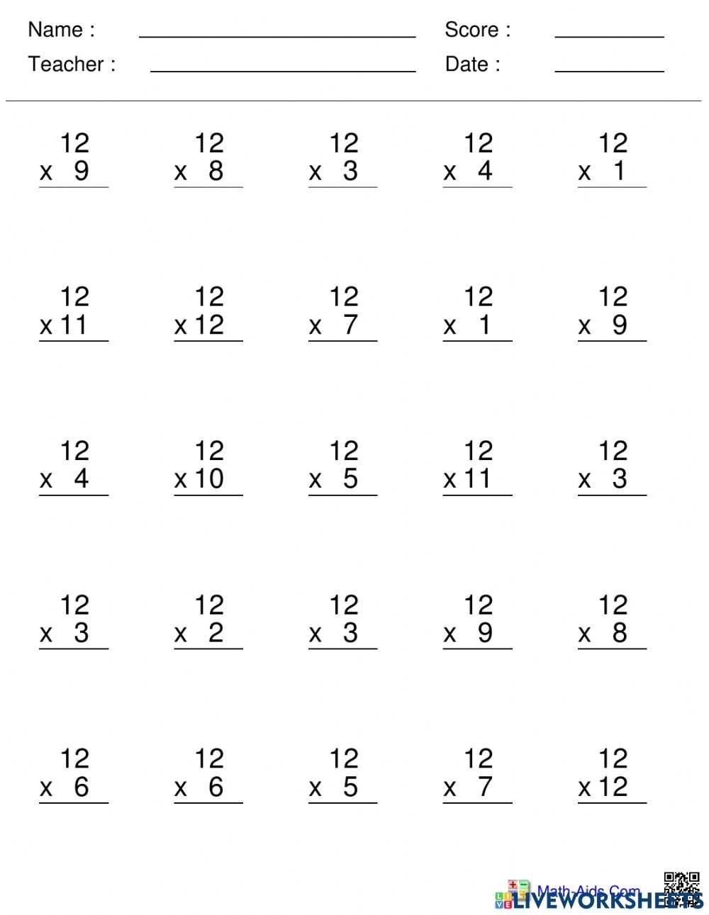 multiplication by 12 worksheets