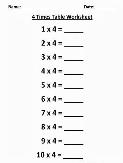 Multiplication Table 4 Worksheet