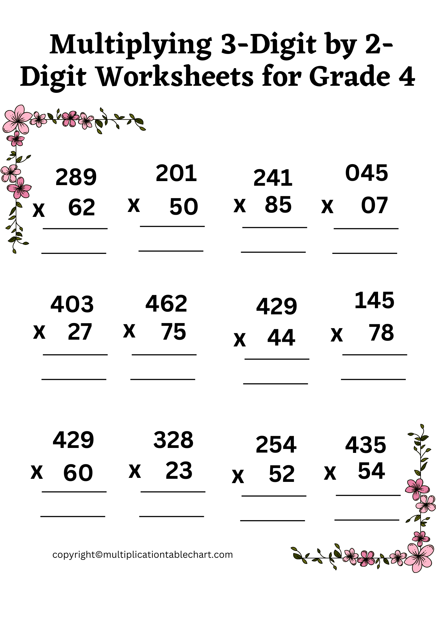 Multiplying 3 Digit By 2 Digit Worksheets Grade 4 Multiplication Table