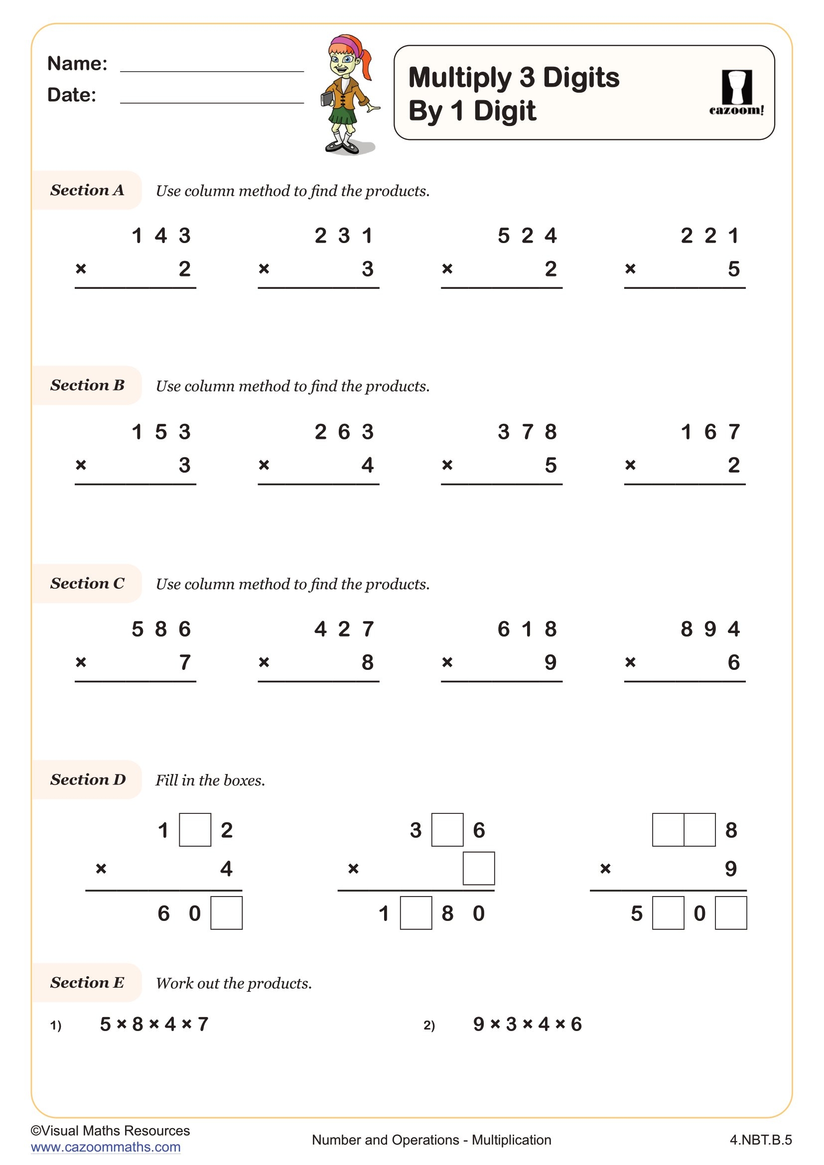 multiply 2 digit by 1 digit worksheet