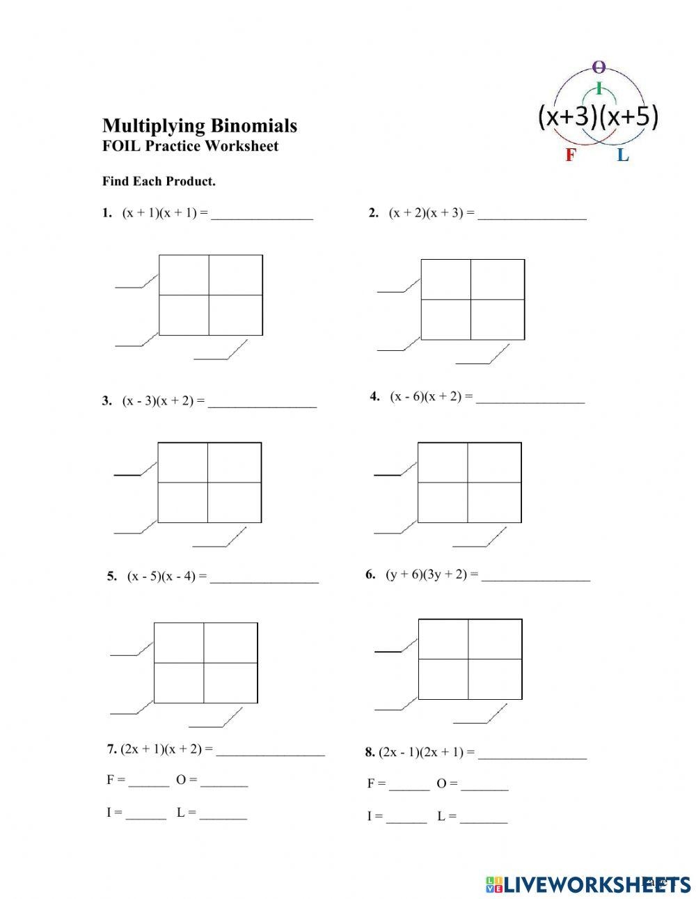 Multiplying Binomials Worksheet Box FOIL Online Exercise For 