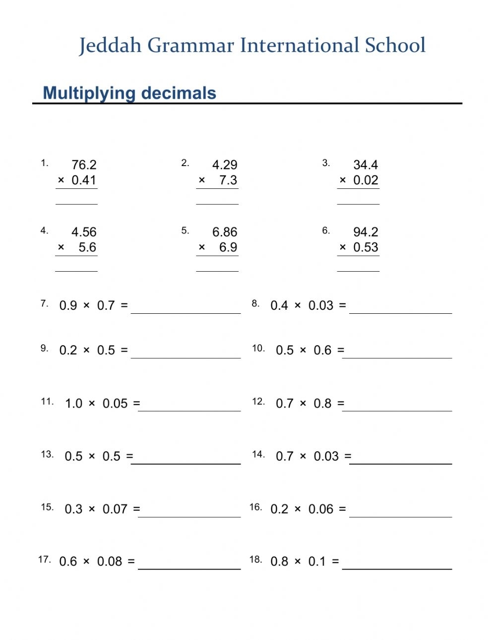 multiplying decimals worksheets pdf