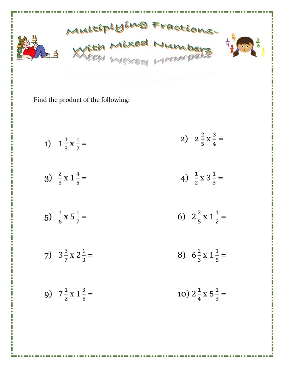 multiplying fractions and mixed numbers worksheet