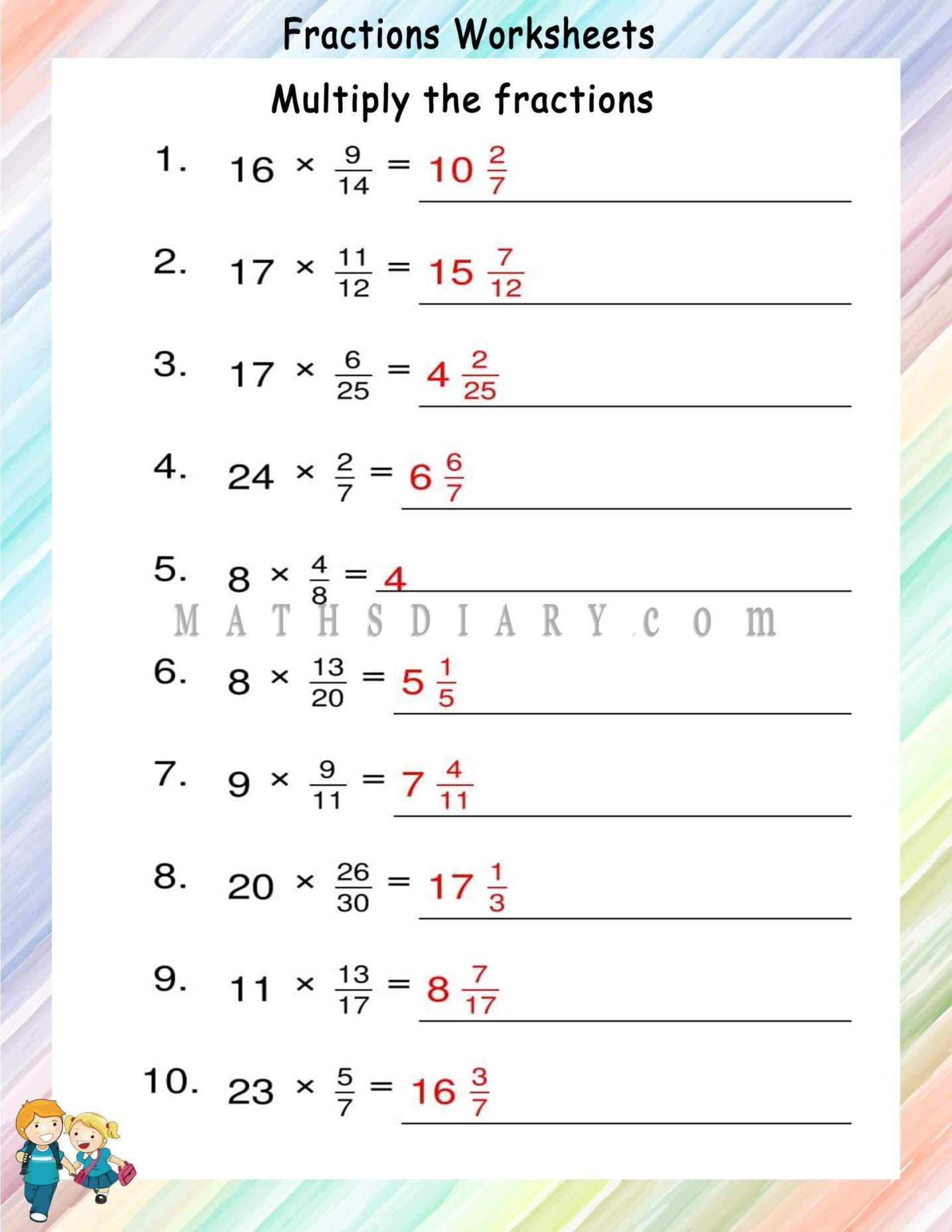 multiplying fractions with whole numbers worksheets