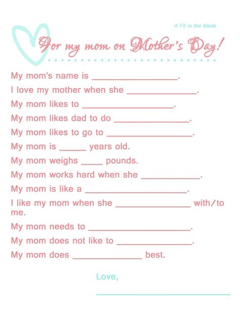 mother's day fill in the blank worksheet