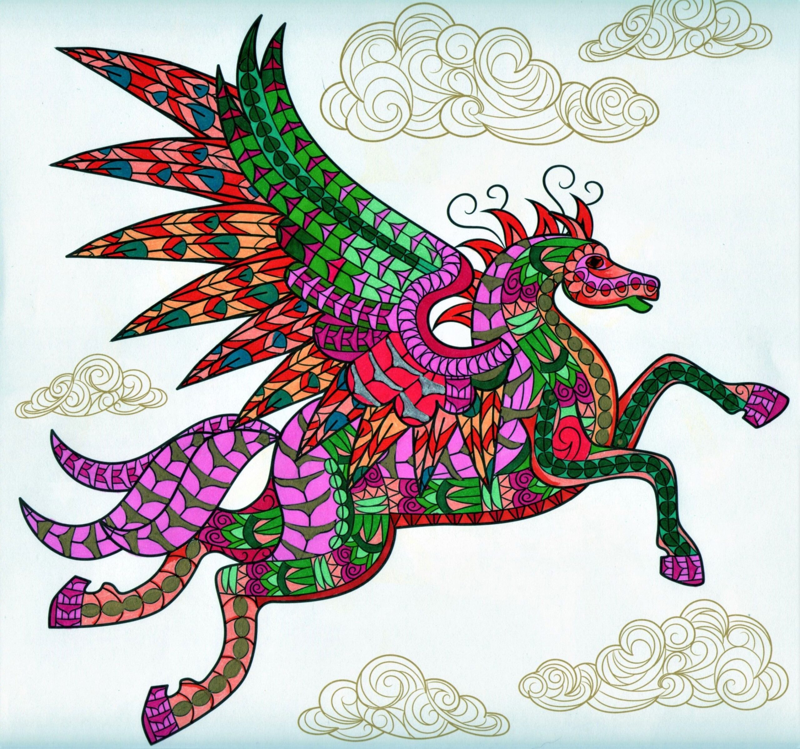 Mythic Pegasus Color Page Peacock Art Color Art Mural Painting Art
