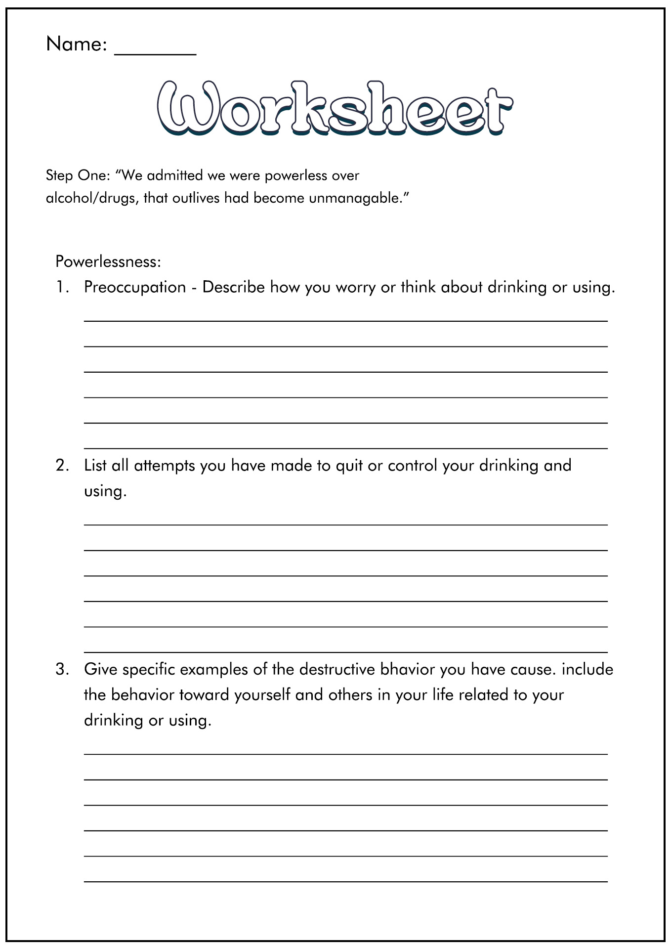 Na 12 Step Worksheets Printable Calendars AT A GLANCE