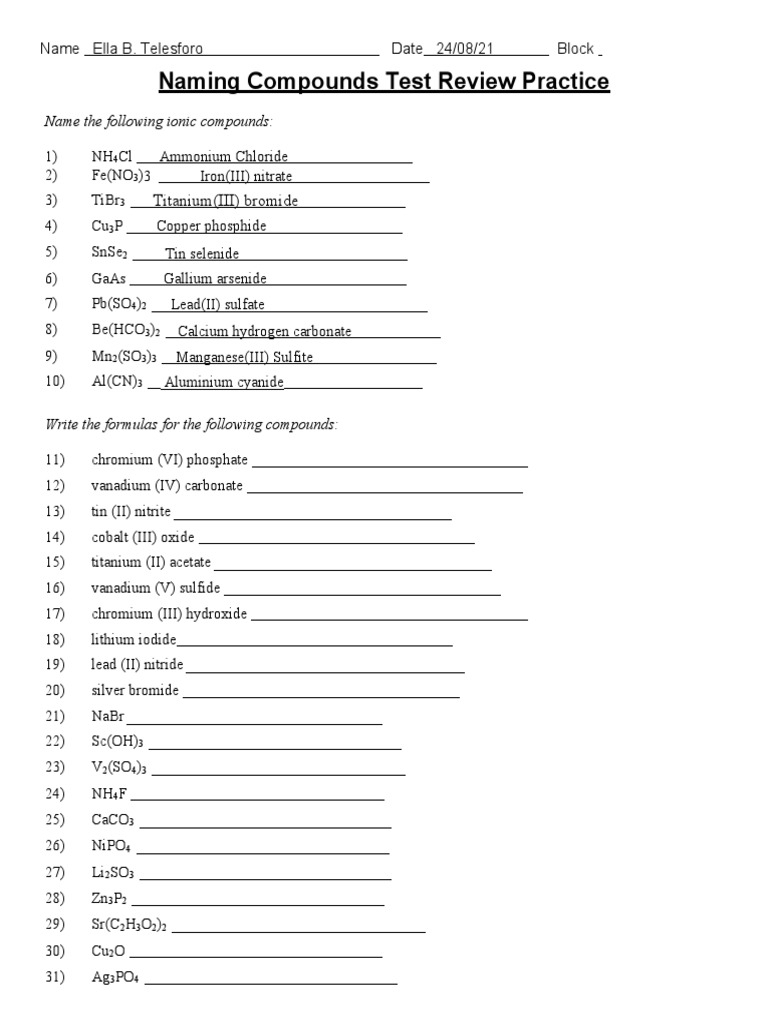 Naming Compounds Practice Worksheet PDF Chemical Polarity 