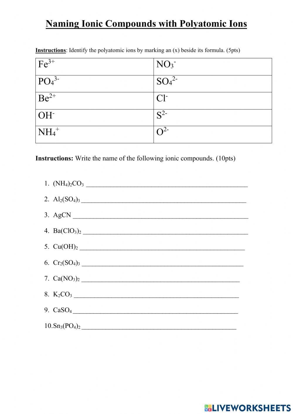 Naming Ionic Compounds With Polyatomic Ions Online Exercise For 
