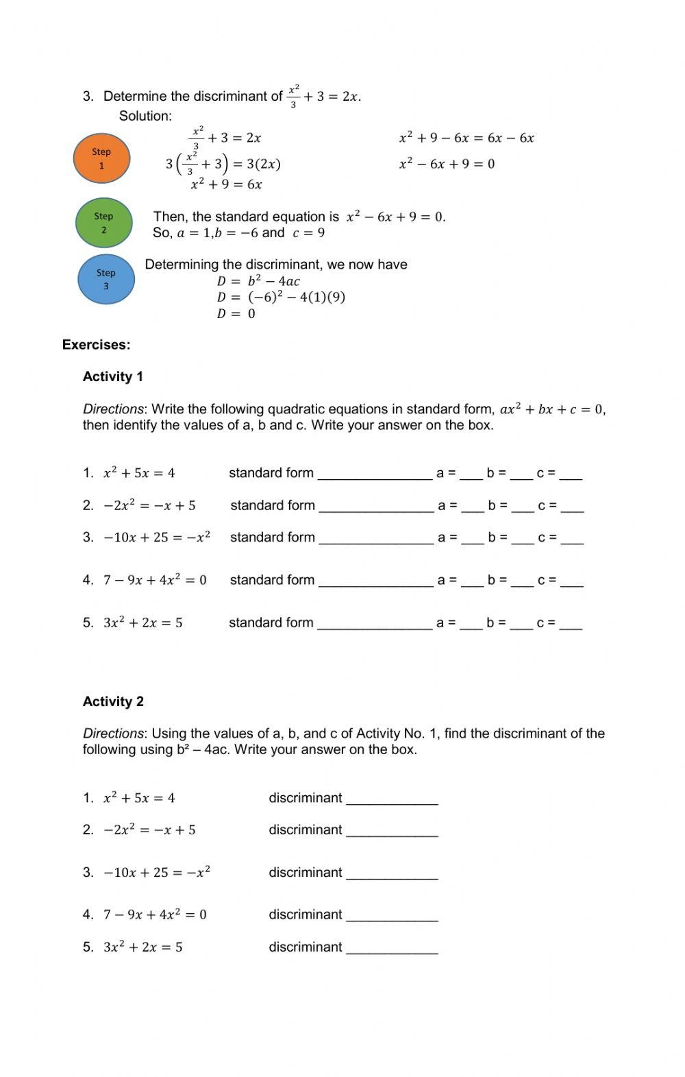 National 5 Using The Discriminant Worksheet Live Worksheets 