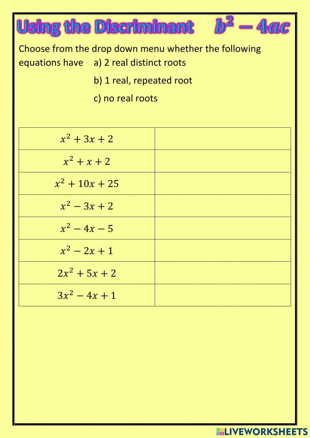 National 5 Using The Discriminant Worksheet Live Worksheets