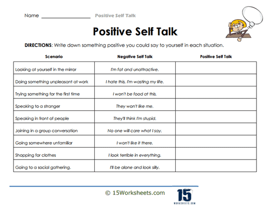 negative self talk worksheet