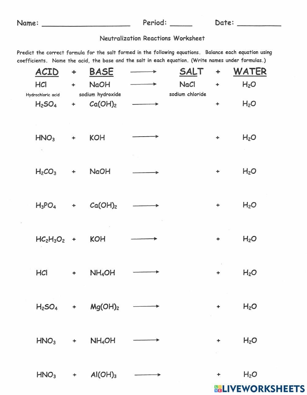 Neutralization Reaction Worksheet Online Exercise For Live 
