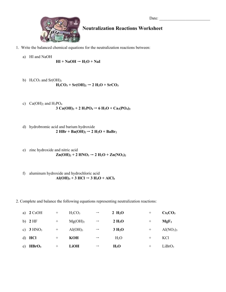 neutralization reactions worksheet
