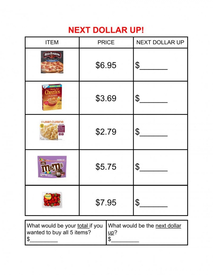 Next Dollar Up Worksheets Printable PDF Template