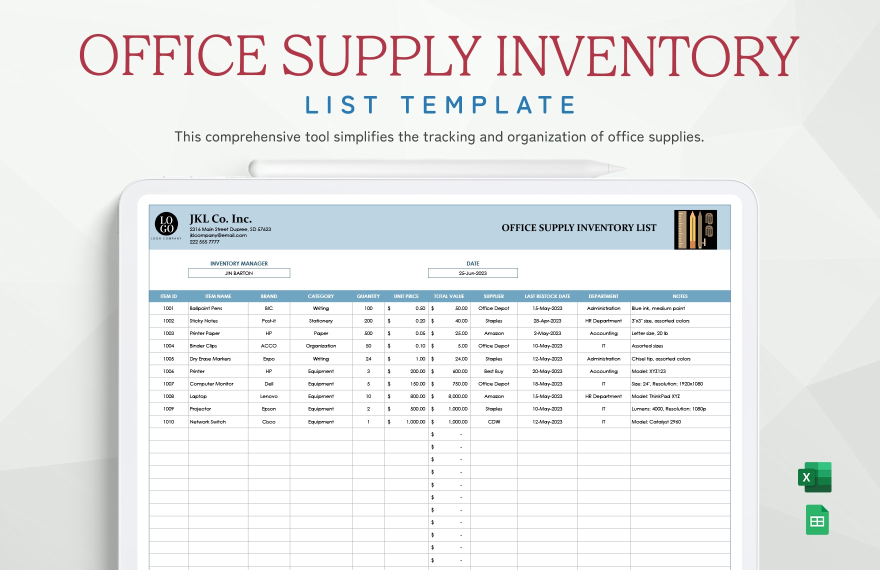 printable free office supply inventory list template