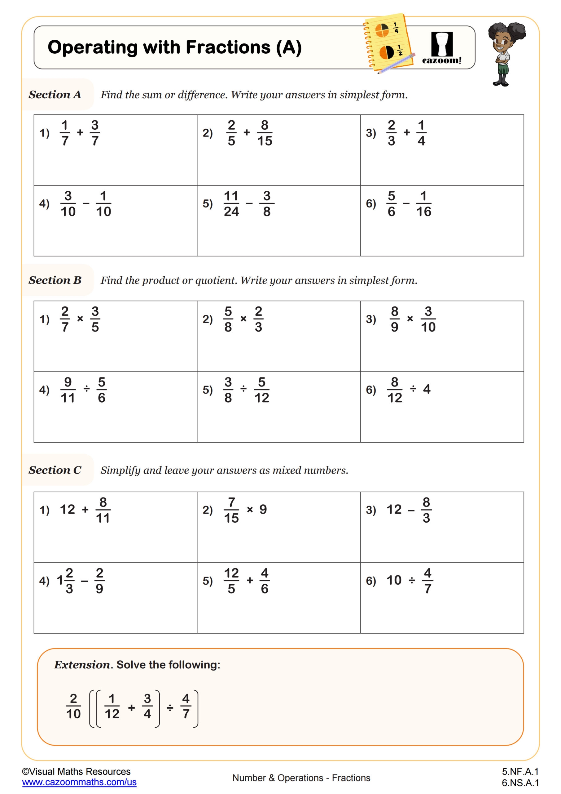 operations with fractions worksheet pdf