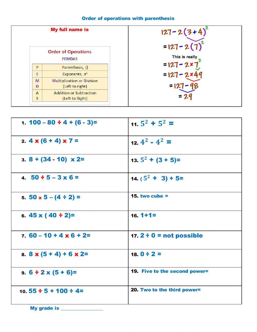 Order Of Operation With Exponents And Parentheses Worksheet Live 