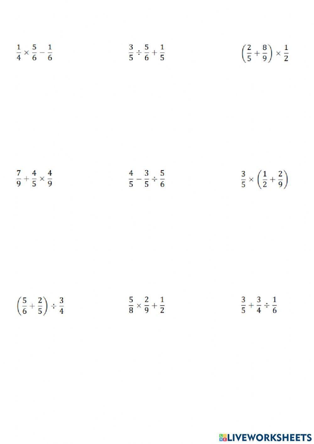 Order Of Operations With Fractions Worksheet Live Worksheets 