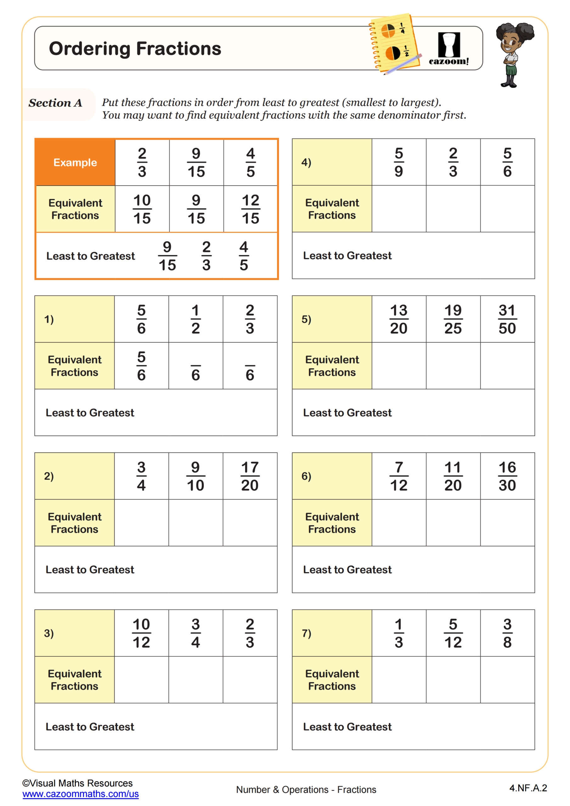 ordering fractions from least to greatest worksheet