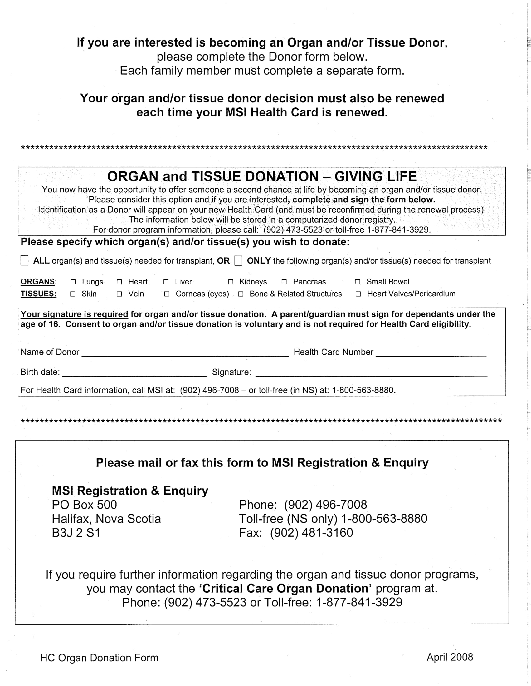printable organ donor card
