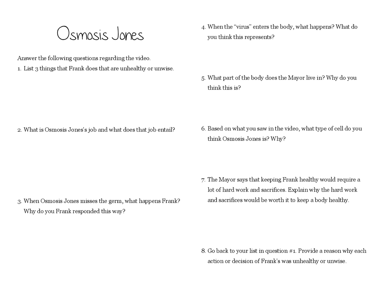 Osmosis Jones Worksheet Exams English Literature Docsity
